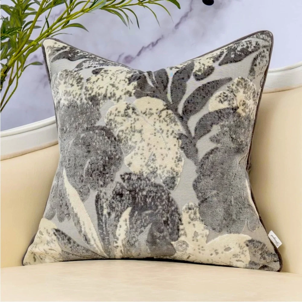 New Yangest Grey Monstera Leaf Velvet Throw PillowVintage Textured Cushion Case